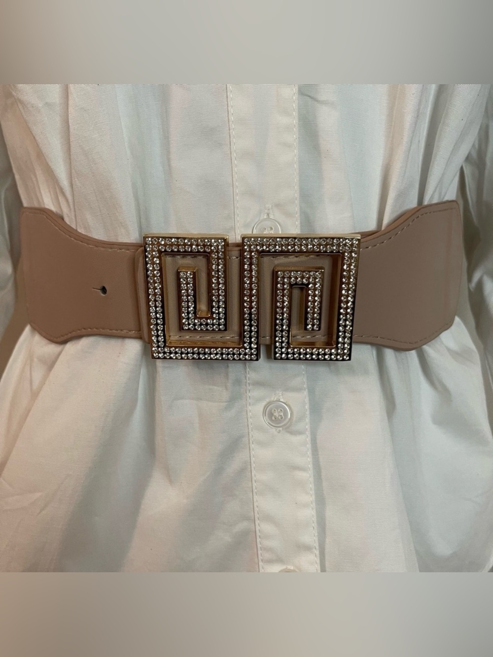 Taupe rectangle buckle with rhinestones elastic waistband belt